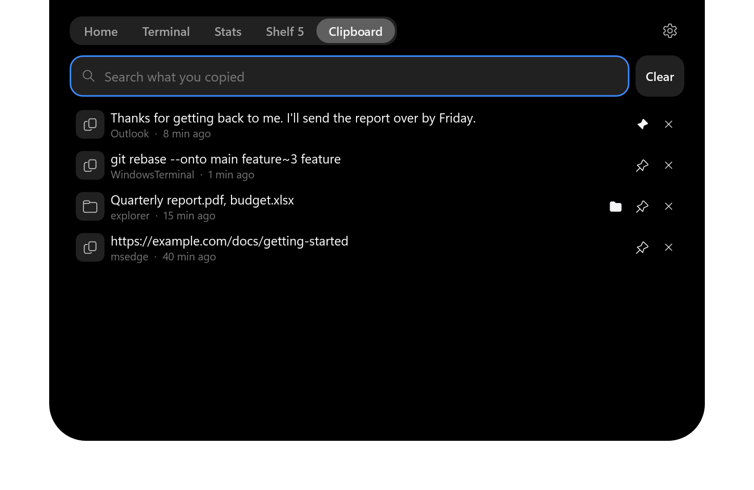 The Clipboard tab with copied text and files, one of them pinned