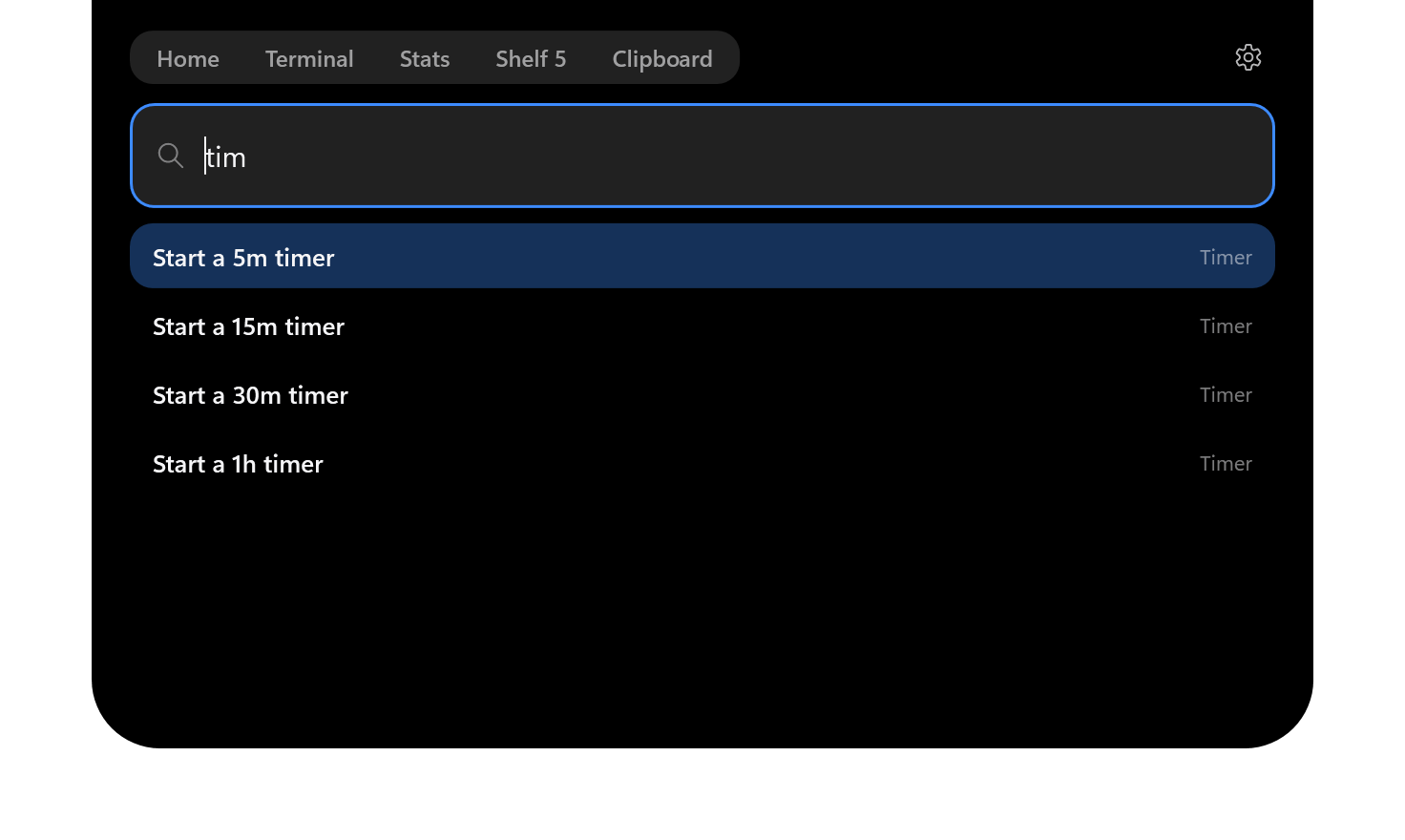 The command palette showing timers for the search tim