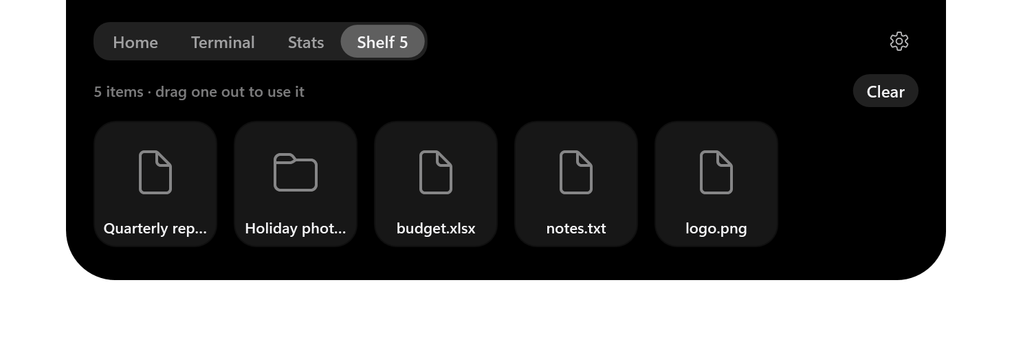 The Shelf tab holding five files and folders